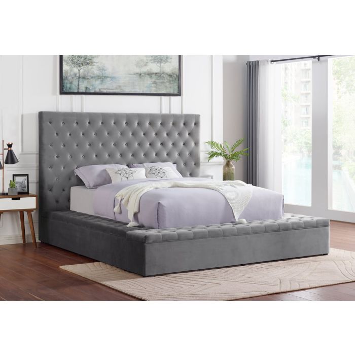 Happy Homes Paris Grey Velvet Platform Bed with Headboard, Footboard, and Rails